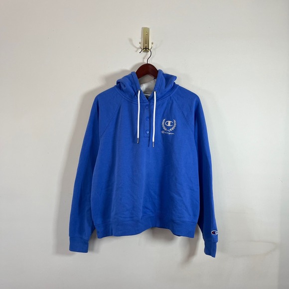Champion Tops - Y2K Champion Henley Hoodie Sweatshirt Embroidered Logo Blue XL Athleisure